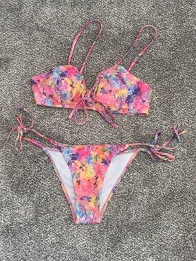 SHEIN Pink Multi Floral Tie-Side Bikini